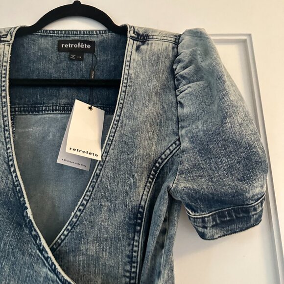 Retrofête Zelda Wrap Dress Distressed Denim In Sienna Puffed Sleeve Front Slit - Picture 6 of 10